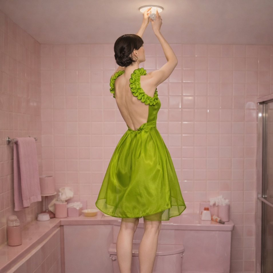 A woman in a bright green dress reaching toward a ceiling light in a pink tiled bathroom.
