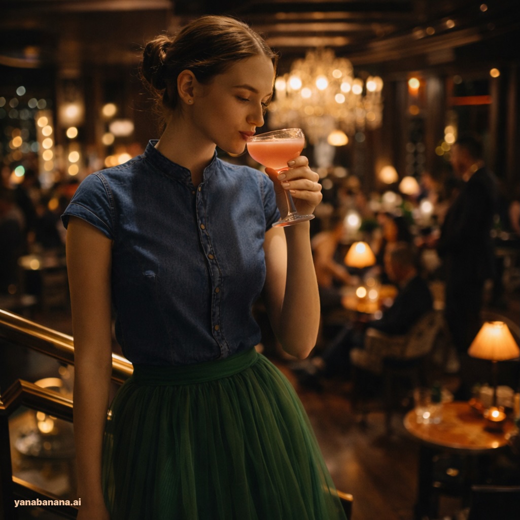 A fashion image featuring a woman with a drink in hand.