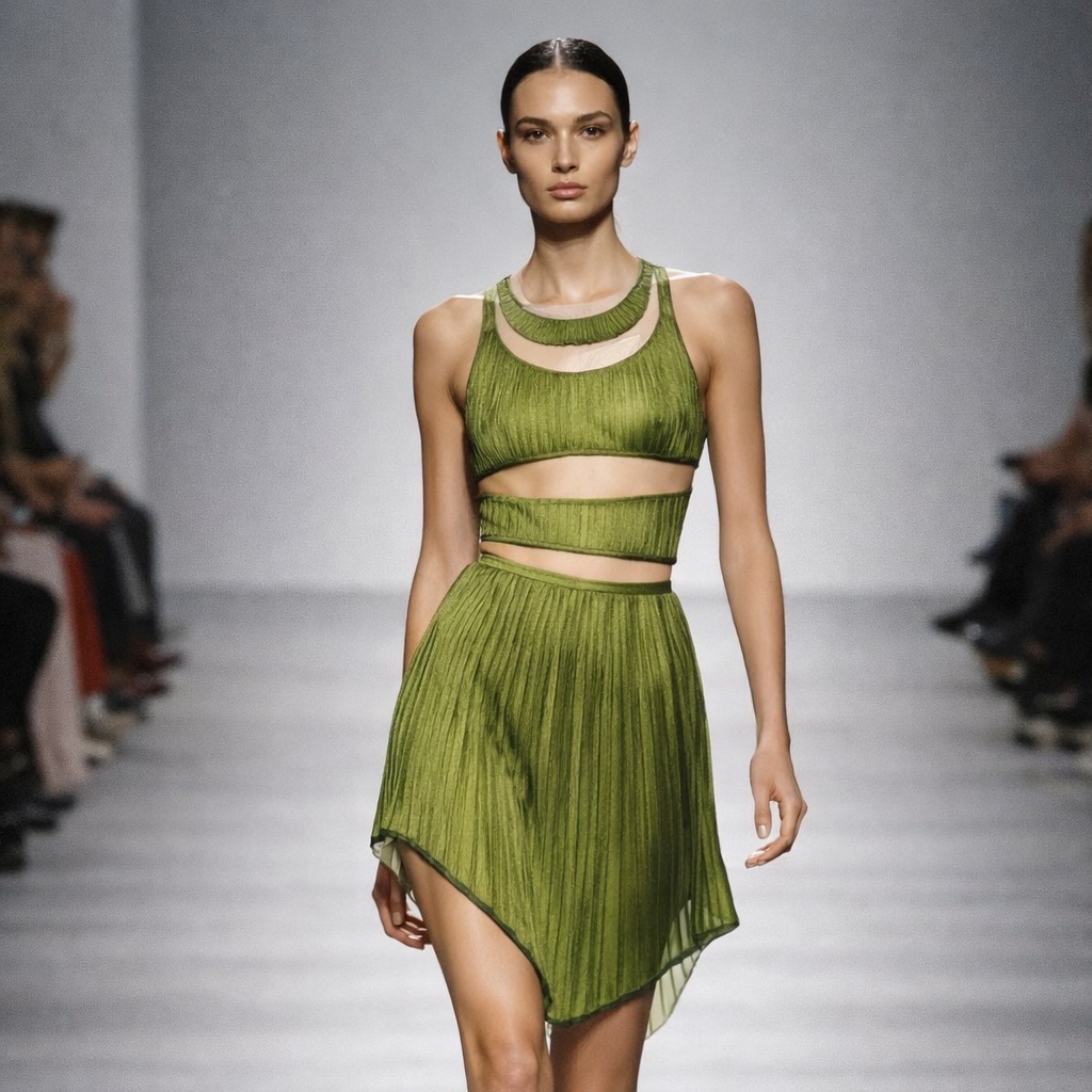 A woman in a light green dress in a bright editorial setting.