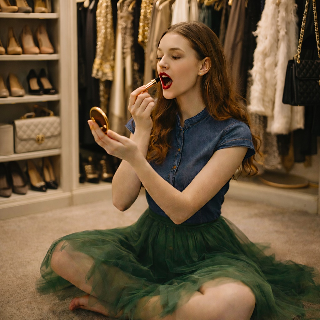 A woman applying lipstick while sitting in a closet.